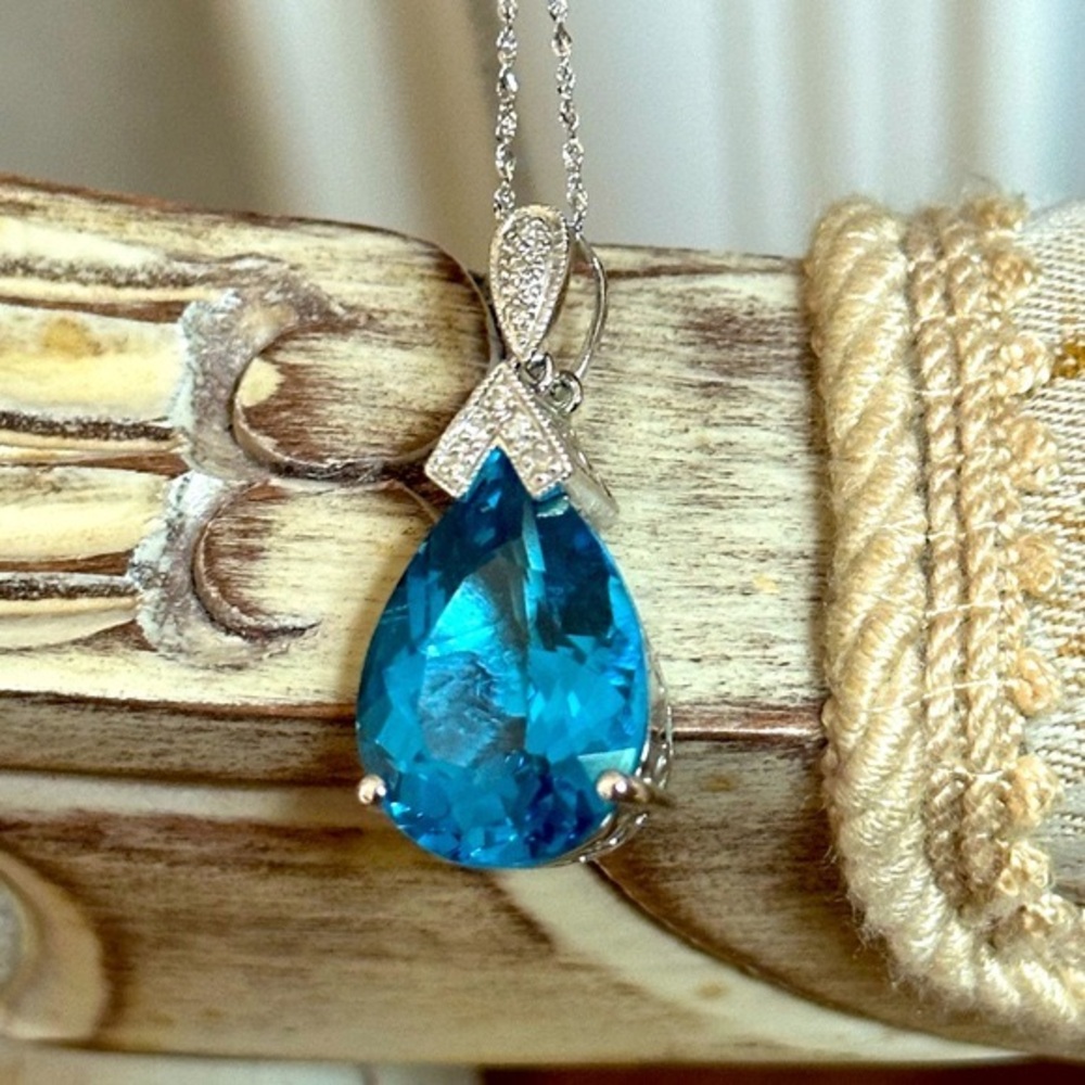 Pear Shaped Blue Topaz Pendant with Diamond Baguettes NWT